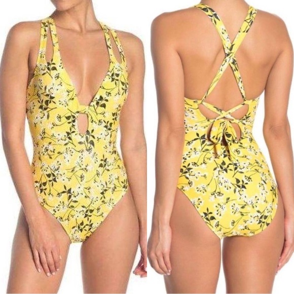 La Blanca Shine Plunge One-Piece Yellow Floral Swimsuit Size 12 - Picture 1 of 14